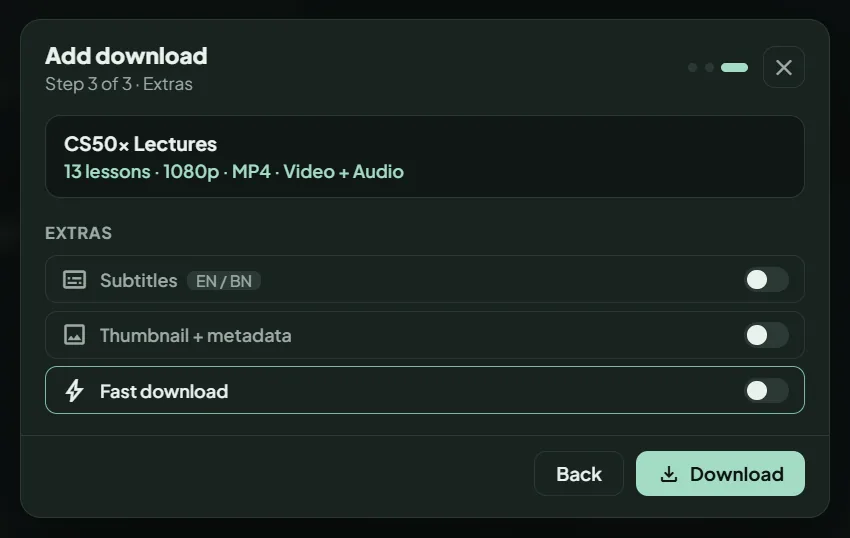 Add download, step 3: extras and the Download button