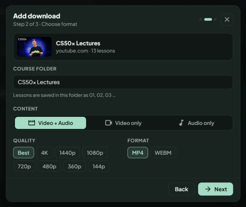 GrabClip Add download window, step 2: course folder, content, quality and format