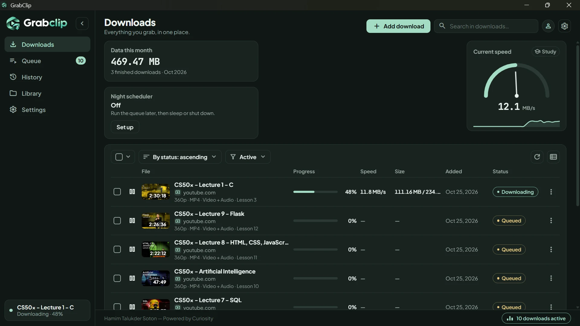 GrabClip Downloads page with live progress bars, a speed gauge and a night scheduler card