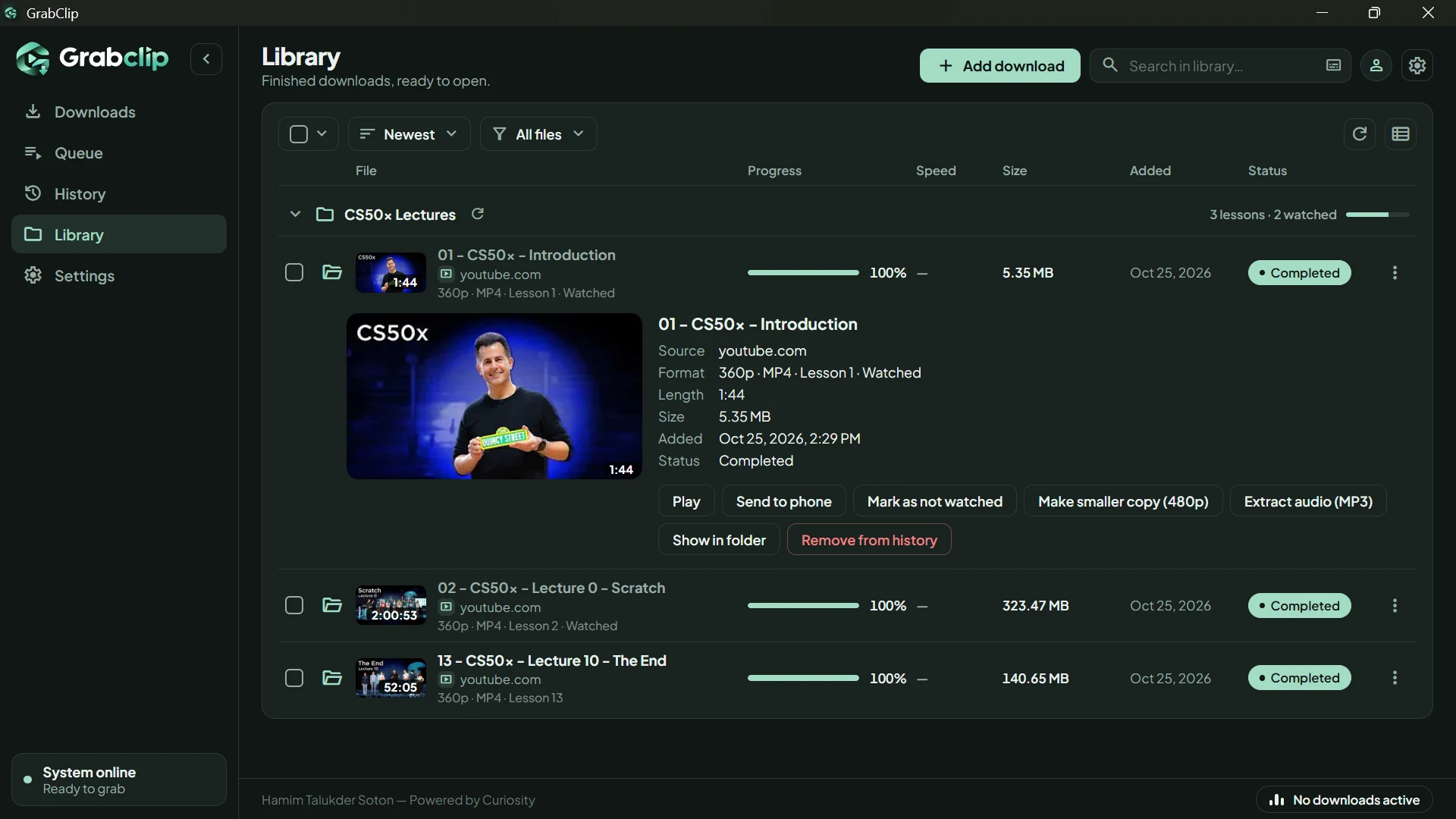 GrabClip Library with a course folder, lessons and watched marks