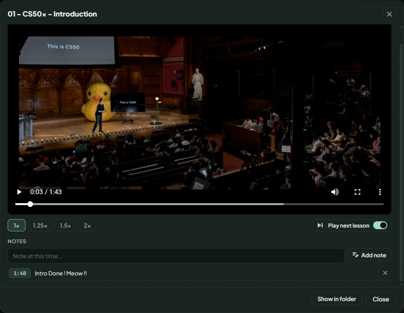 GrabClip built-in player with speed buttons, play next lesson and notes