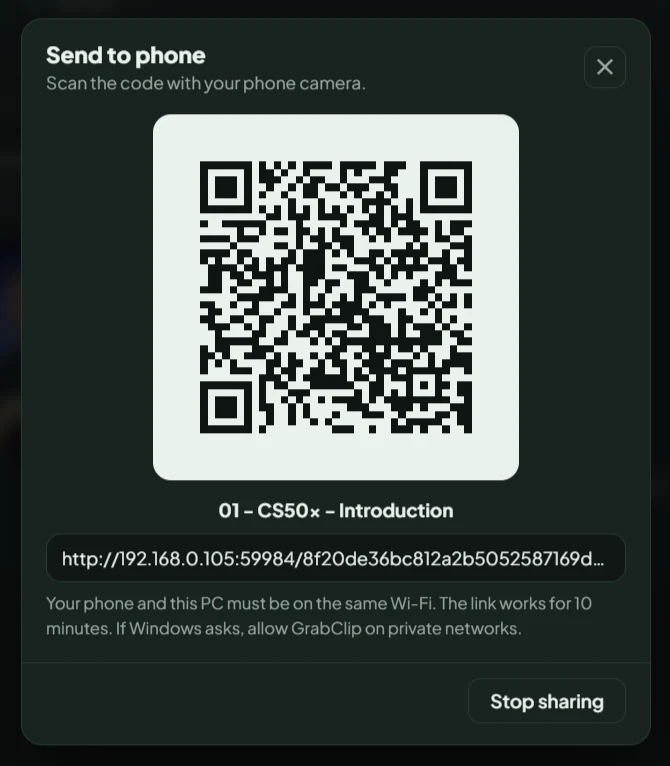 GrabClip Send to phone dialog with a QR code