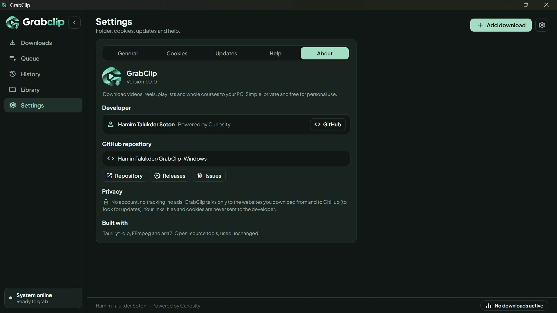 GrabClip Settings, About tab, with all five tabs visible